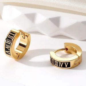 Roman Numerals Gold & Black Stainless Steel Round Huggie Hoop Earrings NEW
